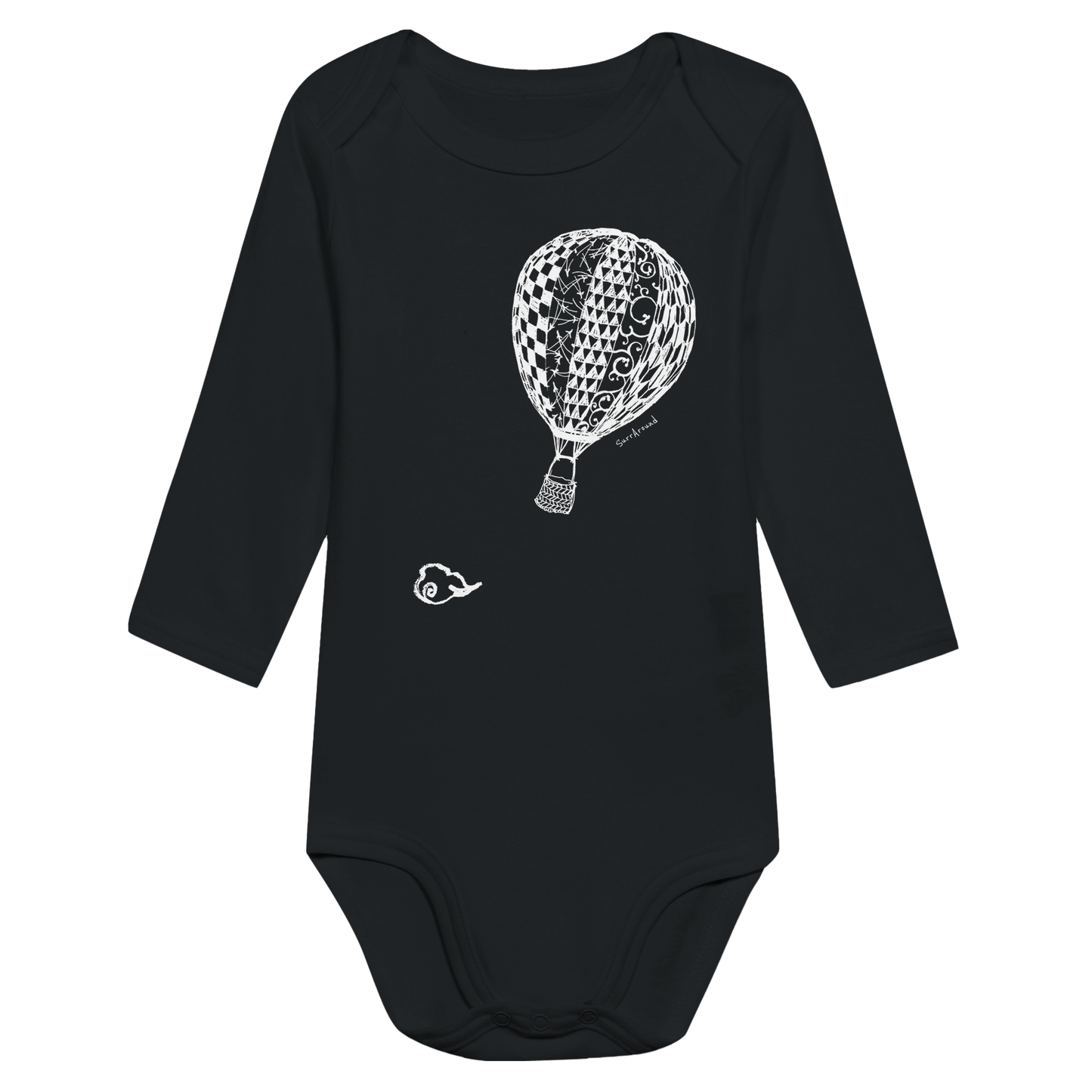 Baby Long Sleeve Bodysuit, Empty Hot Air Balloon & Clouds. Unique Unisex Classic Bodysuit, Eco-Friendly 100% cotton, soft. Illustrated air balloon with Japanese traditional patterns, hand drawn by artist/designer.