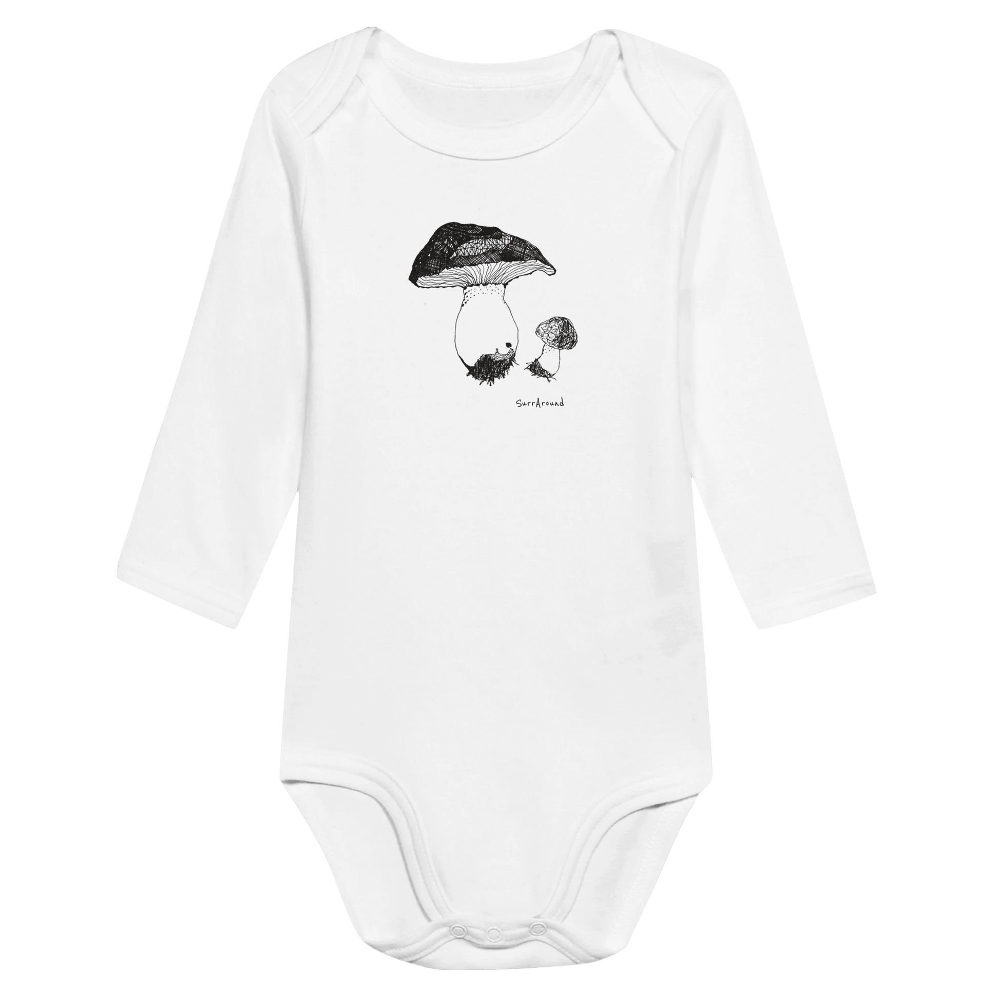 Classic Baby Long Sleeve Bodysuit, Mushroom inspired by nature. Unique Unisex Classic Bodysuit, Eco-Friendly 100% cotton, soft. Illustrated cute mushrooms by artist, originally hand drawn.