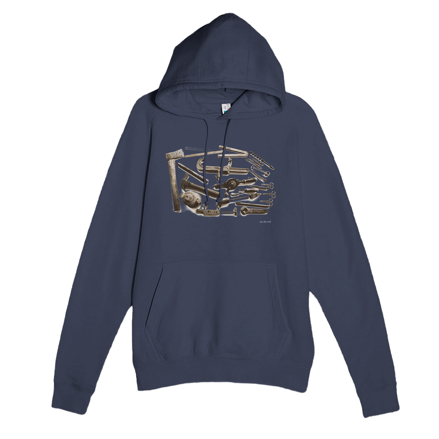 Unique Premium Adult Hoodie, Old Tools in space & time. Old rusty tools with hidden stories in space and time, designed by Japanese artist. Soft, durable unisex pullover hoodie, ideal for year-round wear.